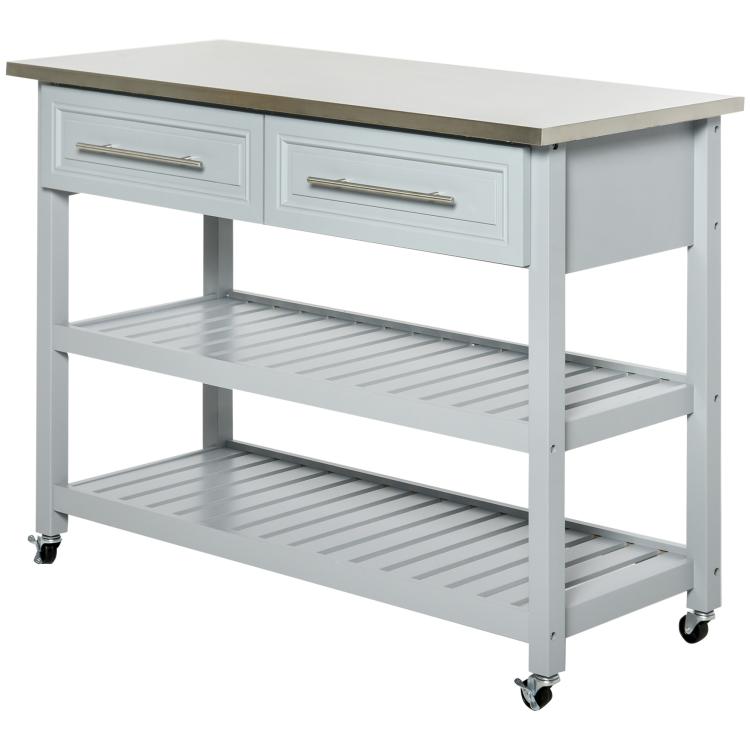 Light gray kitchen island cart with two drawers and open two-tier shelf base, on casters