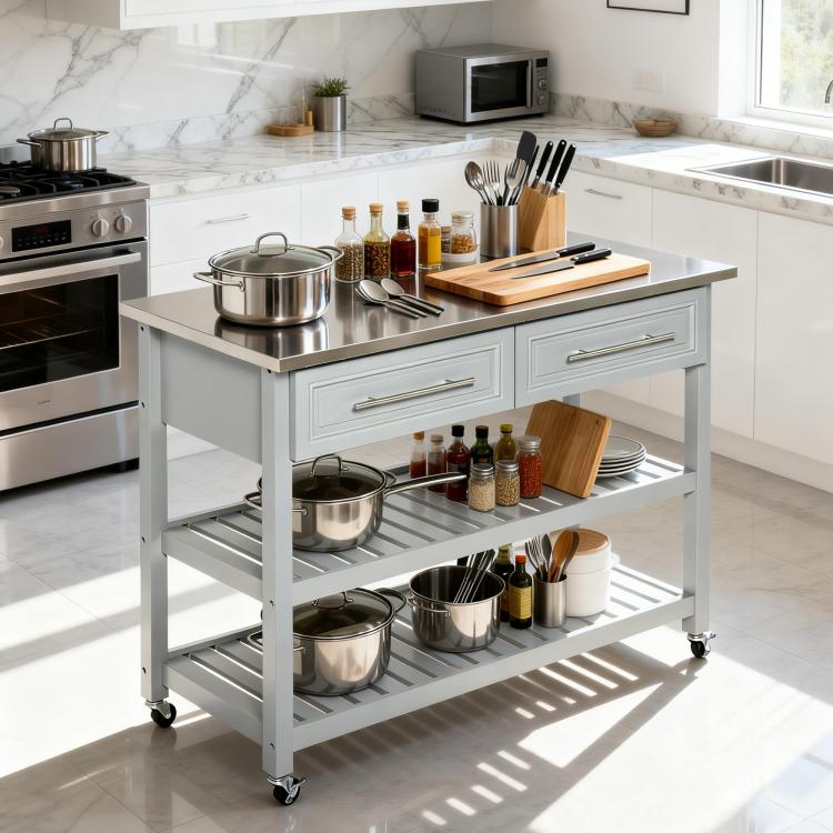 Light gray kitchen island with stainless steel top, drawers, and open lower shelves