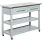 Light gray kitchen island with stainless steel top and two-tier slatted shelves on wheels