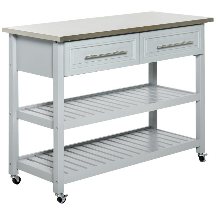 Light gray kitchen island with stainless steel top and two-tier slatted shelves on wheels