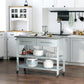 Light gray kitchen island cart with stainless top, two drawers, two open shelves, and wheels