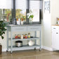 Light gray kitchen island cart with two-tier shelves and drawers, rolling casters