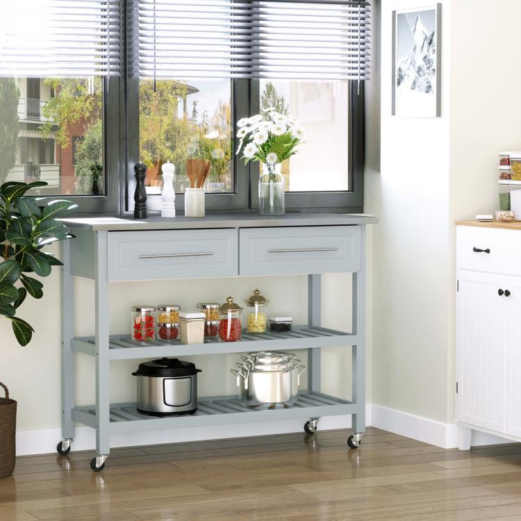 Light gray kitchen island cart with two-tier shelves and drawers, rolling casters