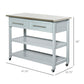Light gray kitchen island cart with stainless steel top, two shelves, and casters
