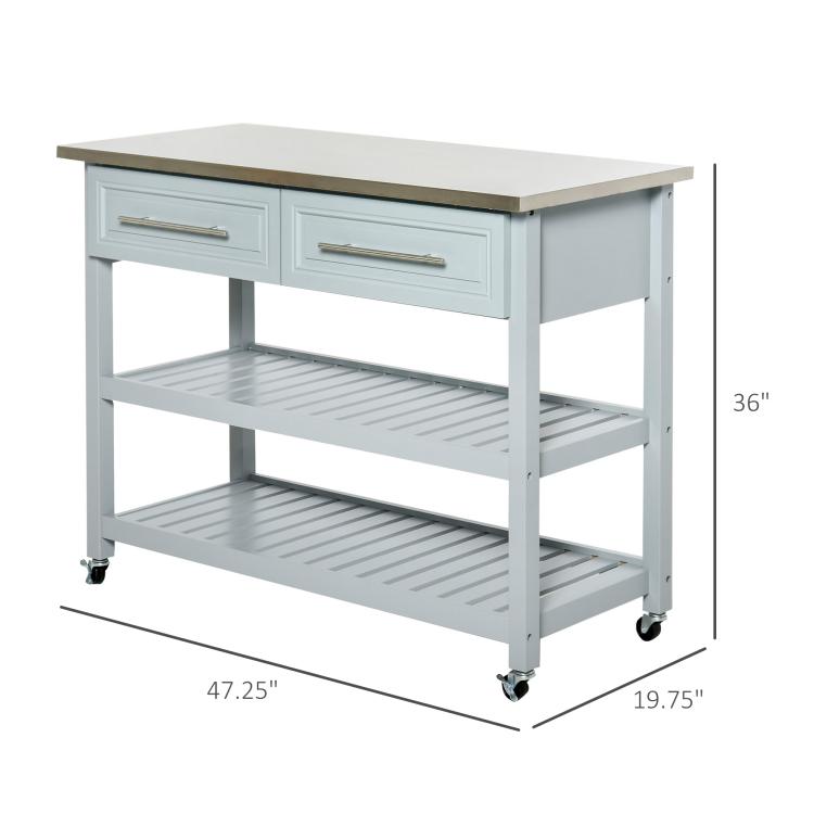 Light gray kitchen island cart with stainless steel top, two shelves, and casters