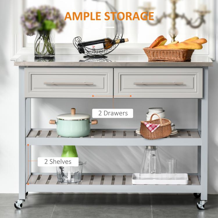 Light gray kitchen island cart with two drawers and two open shelves, rolling casters