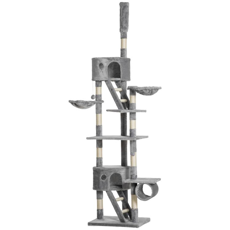 Tall gray cat tree with multiple scratching posts, platforms, side hammock, and stacked condos