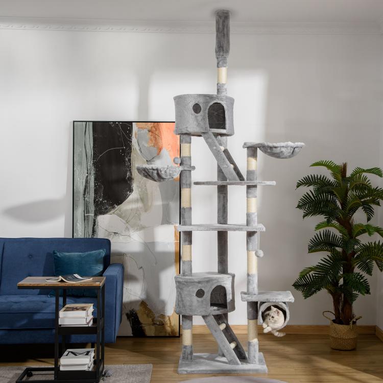 Grey cat tree tower with multiple levels, ramp ladder, plush condos and hammock perch