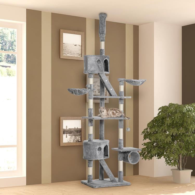Grey cat tree tower with platforms and ramp, plush cube condo and side hanging perch