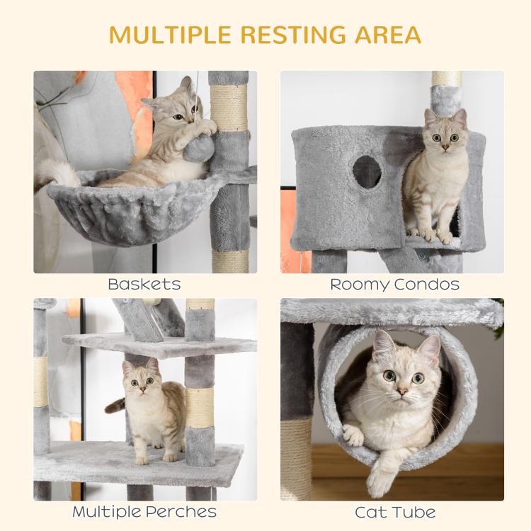 Grey cat tree with multiple resting areas: condos, perches and tunnel-style cat tube