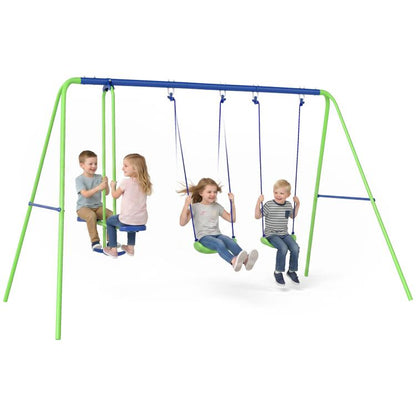 Outdoor metal A-frame swing set with two blue seats and green frame, kids playing
