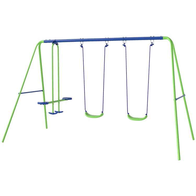 Green and blue A-frame swing set with two front swing seats and hanging ropes