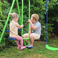 Outdoor green metal A-frame swing set with glider and two blue swing seats