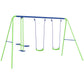 Green metal A-frame swing set with glider and two hanging swing seats
