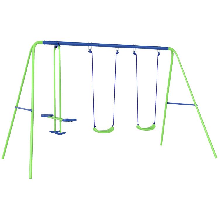Green metal A-frame swing set with glider and two hanging swing seats