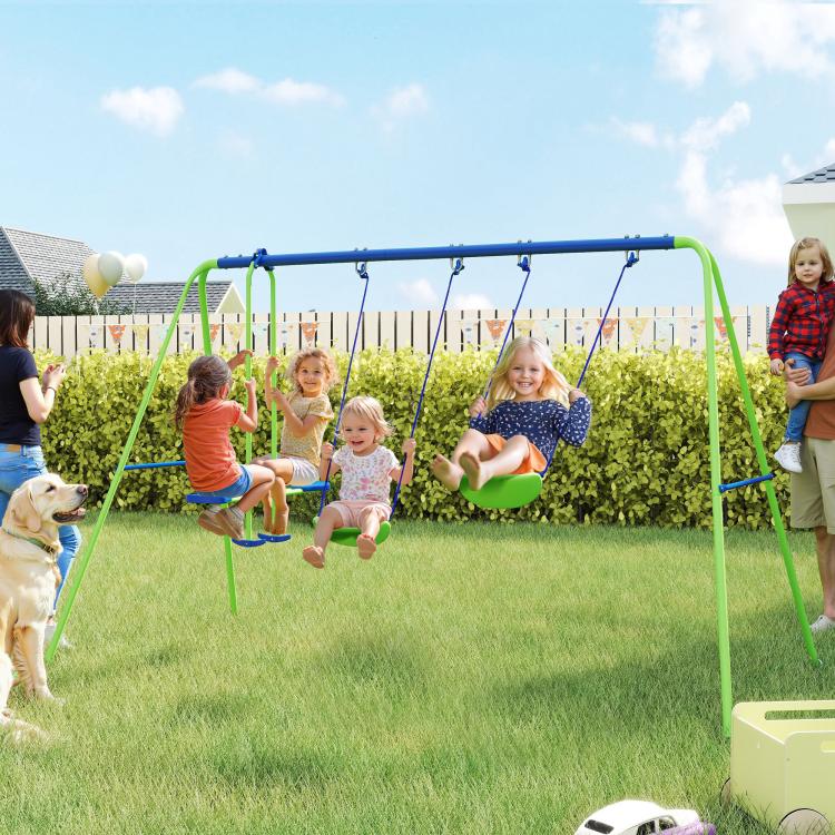 Outdoor A-frame swing set with three children riding green-and-blue seats