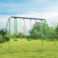 Outdoor green A-frame swing set with two blue swing seats hanging from top bar