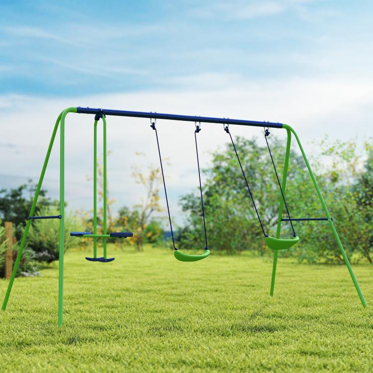 Outdoor green A-frame swing set with two blue swing seats hanging from top bar