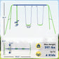 Swing set dimensions graphic showing green frame and two blue seats