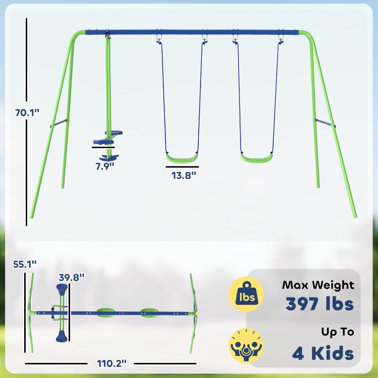 Swing set dimensions graphic showing green frame and two blue seats