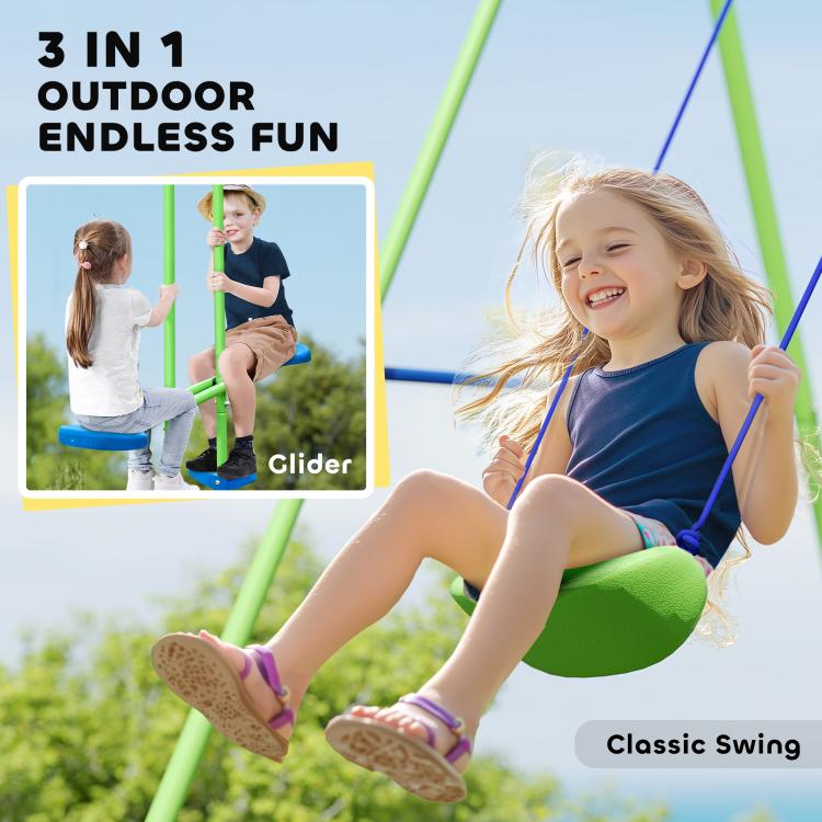 Green swing set with blue seats for kids, featuring glider and classic swing