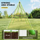 Green A-frame swing set with two blue seats and ground stakes shown