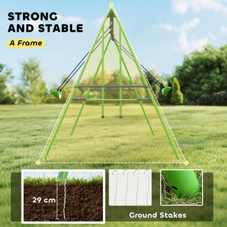 Green A-frame swing set with two blue seats and ground stakes shown