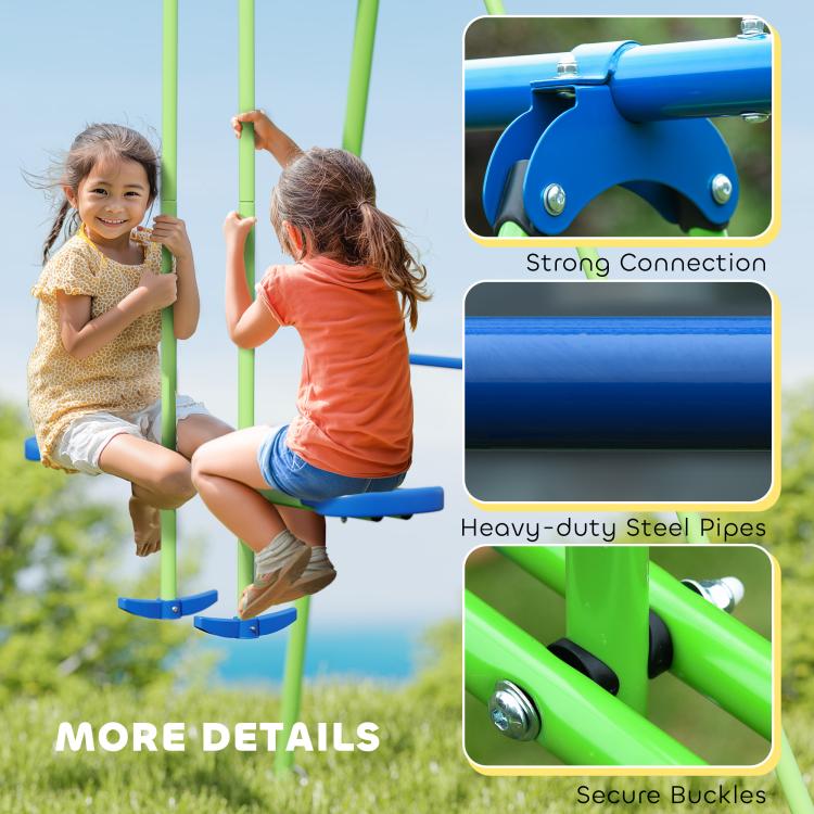 Close-up of kids using blue swing seats on green frame with secure connections