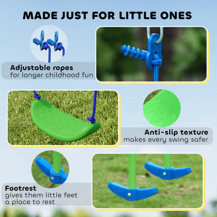 Green swing seats with non-slip texture, blue footrests, and adjustable ropes