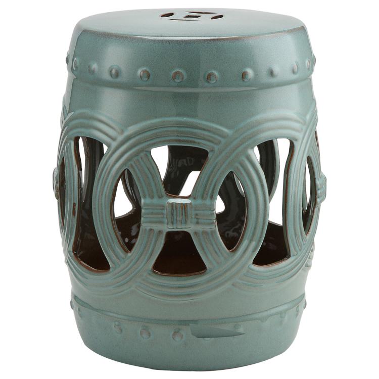 Antique blue ceramic garden stool with openwork double-coin ring design and round top.