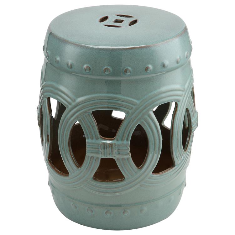 Antique blue ceramic garden stool with openwork double-coin ring design and vented sides.