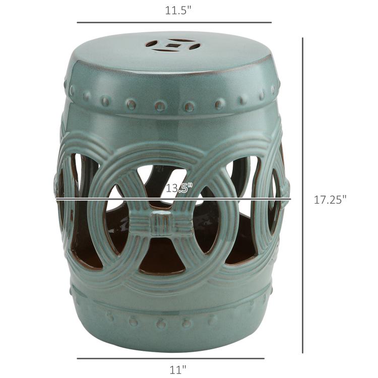 Antique blue ceramic garden stool with open double-coin ring design, round top and legs.