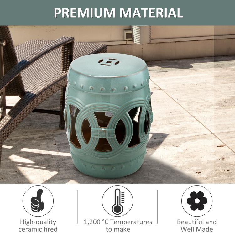 Antique blue ceramic garden stool with glazed openwork double-coin ring pattern.