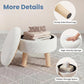 Round storage ottoman with removable lid, beige boucle fabric and wood legs