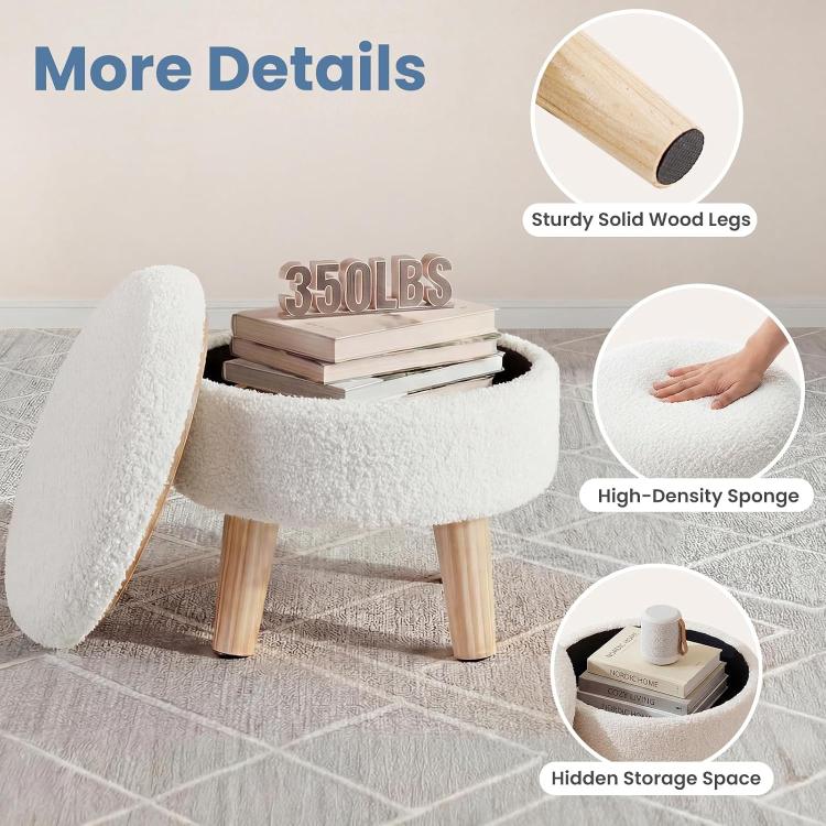 Round storage ottoman with removable lid, beige boucle fabric and wood legs