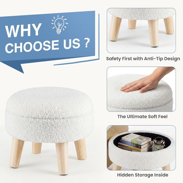 Beige boucle round storage ottoman with removable padded lid and wood legs