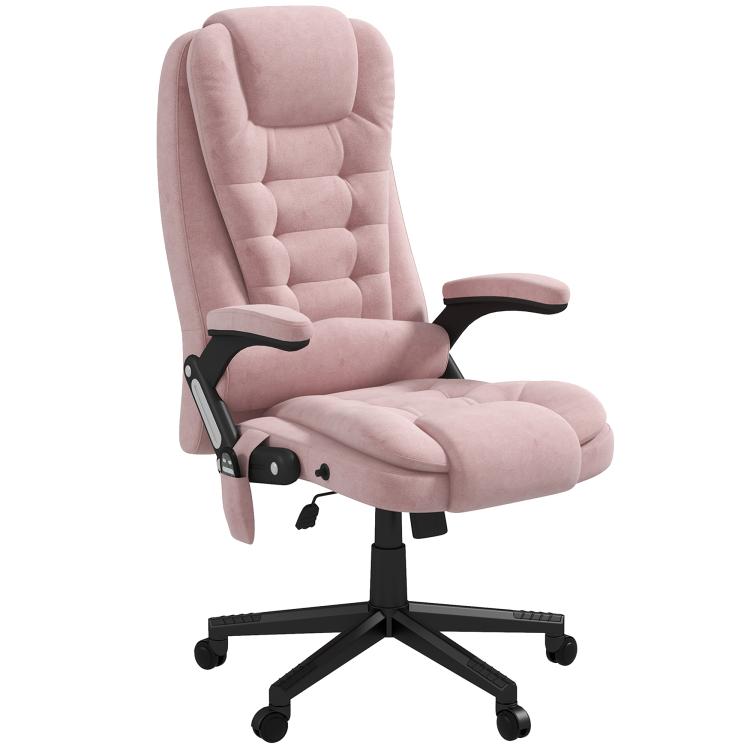 Pink velvet swivel office chair with curved arms, high back, and cushioned seat