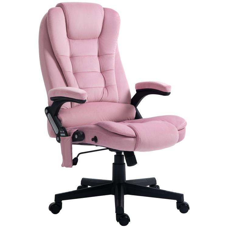 Pink velvet office chair with tall back, padded armrests, and black 6-wheel base