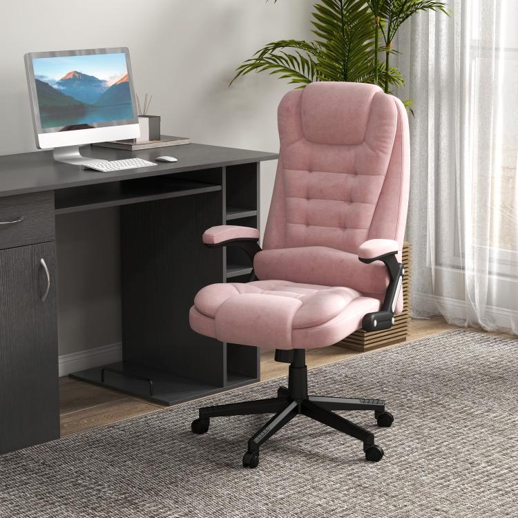 Pink velvet executive office chair with tall backrest and padded armrests on swivel base