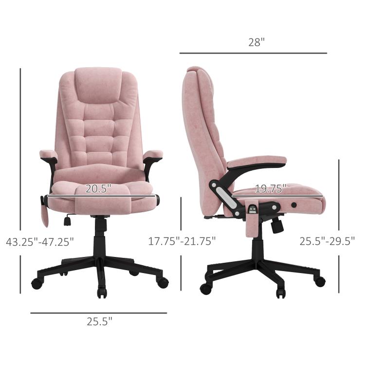 Pink velvet office chair with armrests and swivel base, shown in multiple angles
