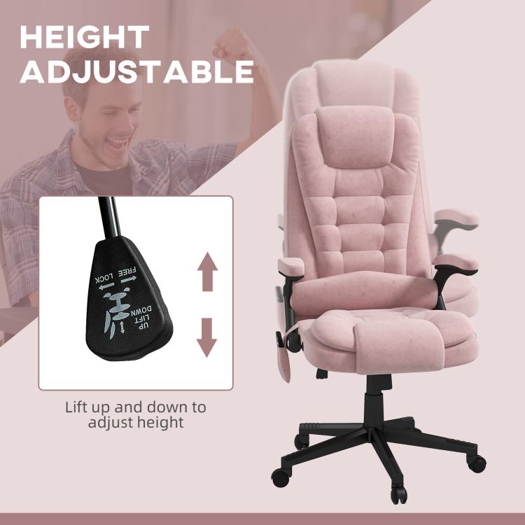 Pink velvet executive chair with height-adjustable frame and padded seat on casters