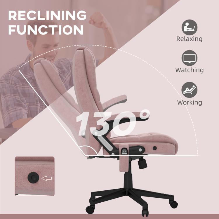 Pink velvet reclining office chair on swivel base with adjustable headrest