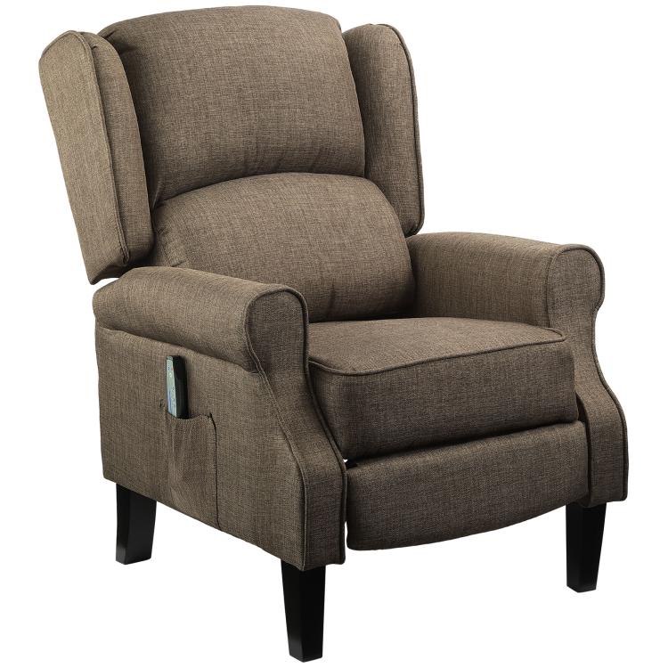 Brown wingback massage recliner chair with padded armrests and supportive headrest