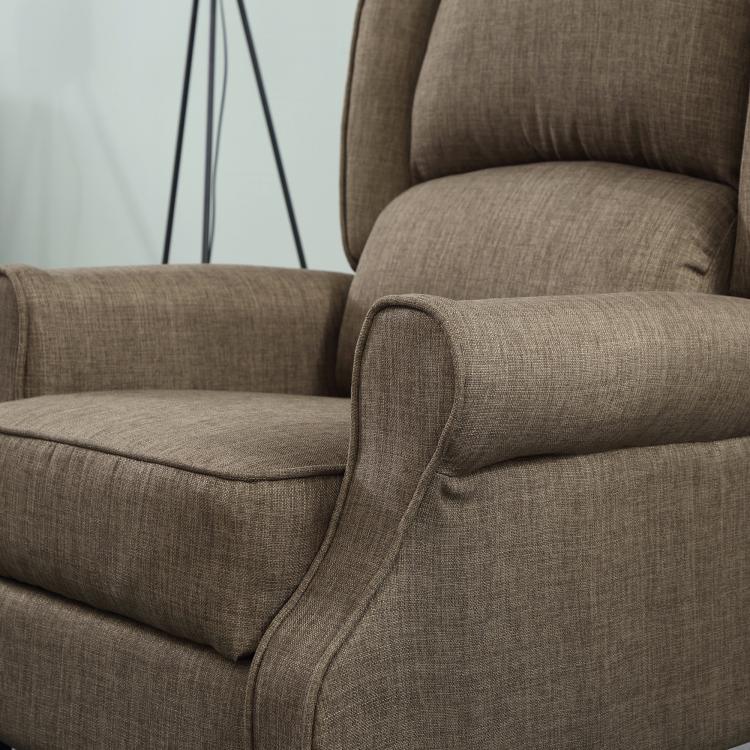 Brown fabric recliner chair showing padded armrest and seat cushions