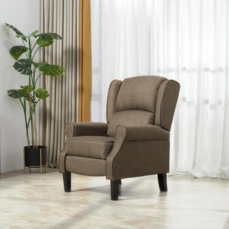 Brown single wingback recliner chair with padded seat, arms, and high back