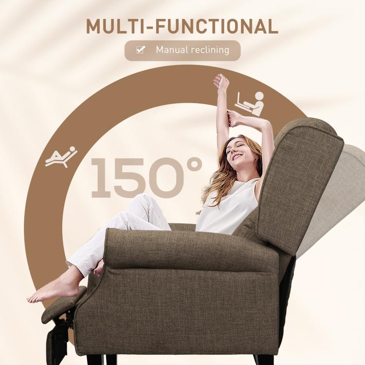 Brown recliner chair reclined up to 150 degrees with padded headrest support