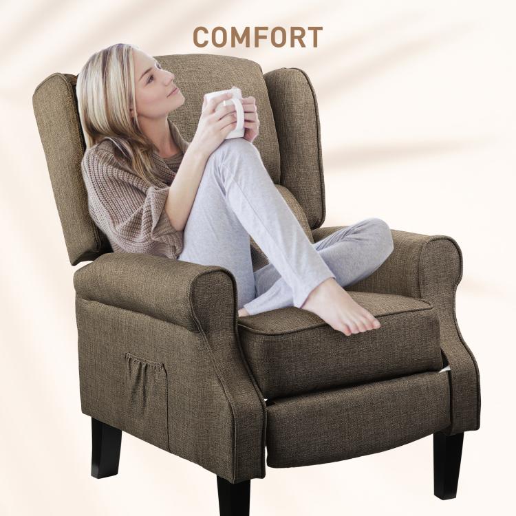 Brown single recliner chair with padded armrests, high back, and headrest support