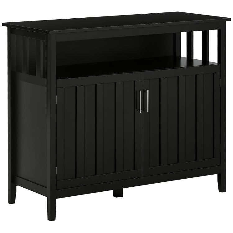 Black sideboard cabinet with two doors, vertical paneling, and open upper shelf
