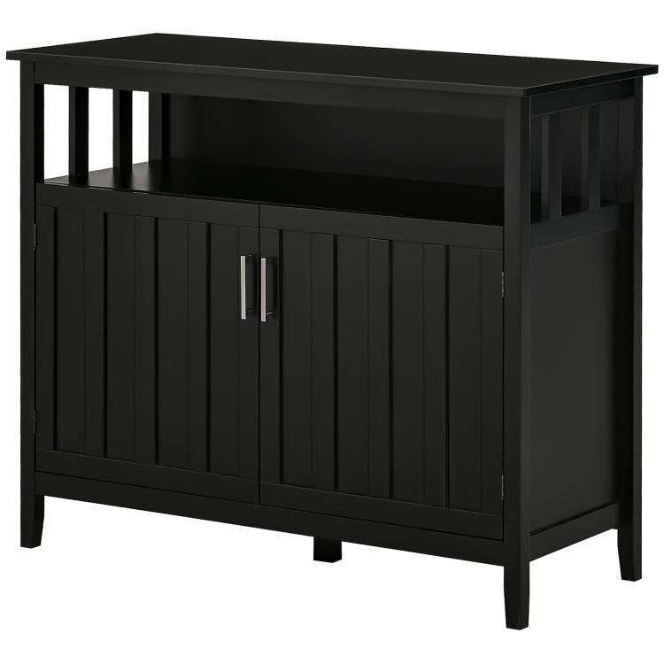 Black buffet cabinet with two doors and open shelf, vertical slat front detail