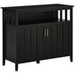 Black coffee bar cabinet with two-panel doors, metal handles, and open shelf